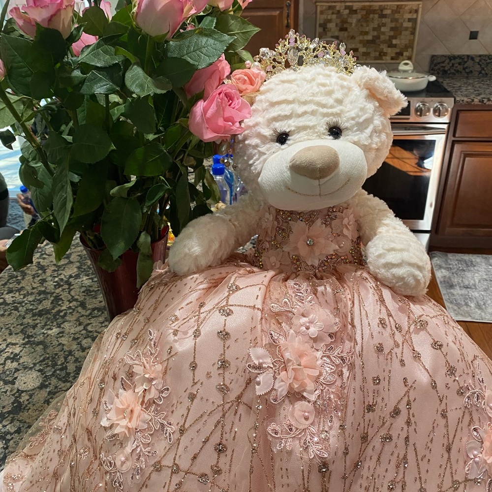 a teddy bear in a quinceanera dress